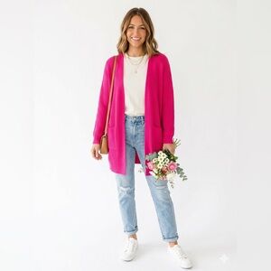 Hot Pink Longline Open Front Cardigan Knit Sweater Size S